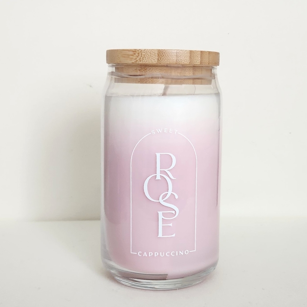 DW Home Valentine Rose Cappuccino Scented Ombre Pink Glass Candle w/ Lid, New
